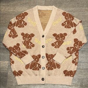 Very Soft 100% Wool Button-Front Beige Teddy Bear Design Cardigan Sweater Size M